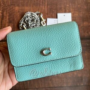 NWT Coach Half Flap Leather Card Case with Chain Strap in Faded Blue Color